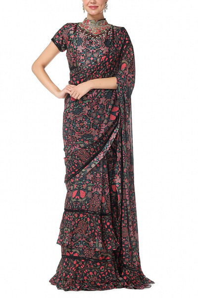 Black printed ruffle sari set