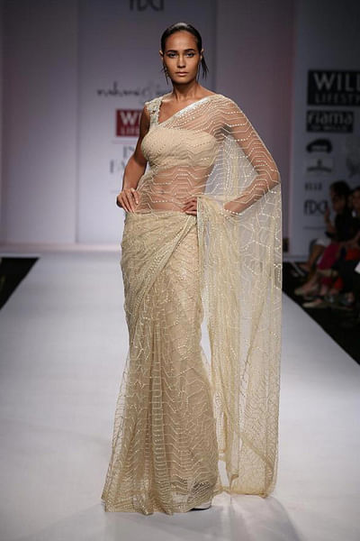 Skin tone embellished sari set