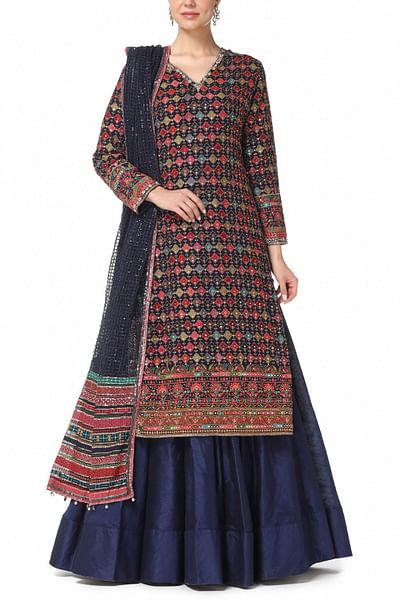 Multicoloured embroidered kurta lehenga set