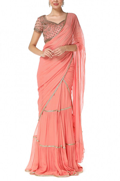 Pink tiered lehenga sari set