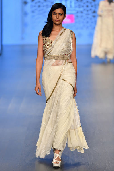 Ivory lace lehenga sari set