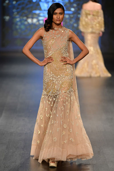 Gold net and chiffon gown