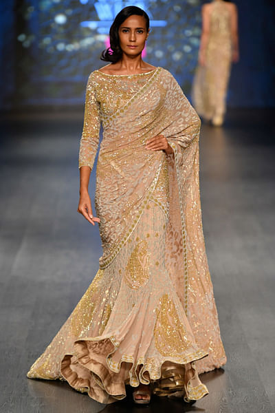 Gold georgette lehenga with blouse and drape