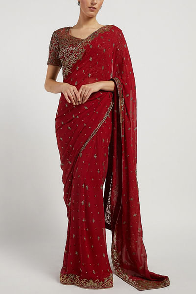 Maroon embroidered sari set