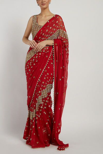 Red embroidered sari set