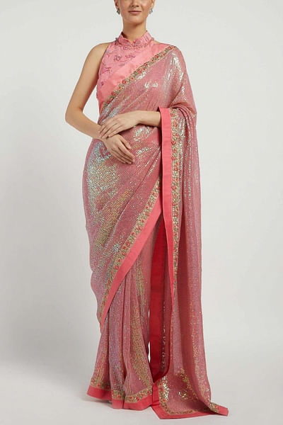 Pink sequin sari set