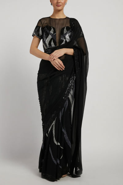Black embroidered sari set