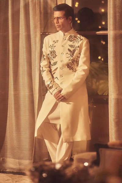 Ivory flora-fauna embroidered sherwani