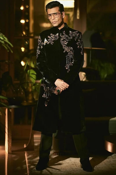 Black floral embroidered velvet sherwani
