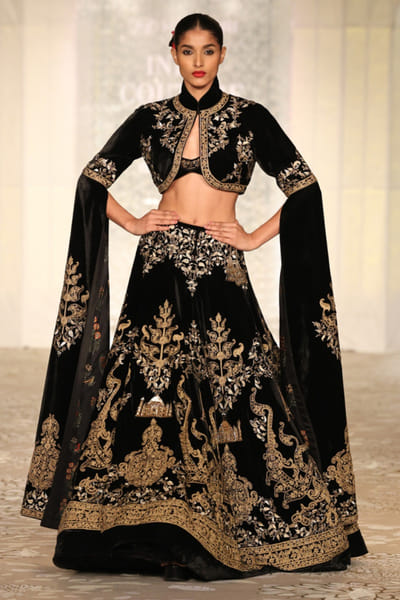 Black embroidered velvet lehenga set