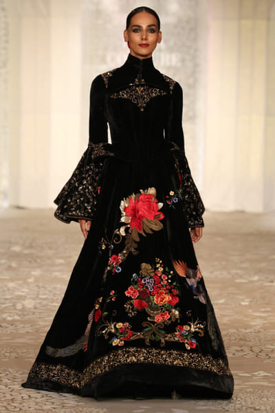 Black floral embroidery velvet lehenga set