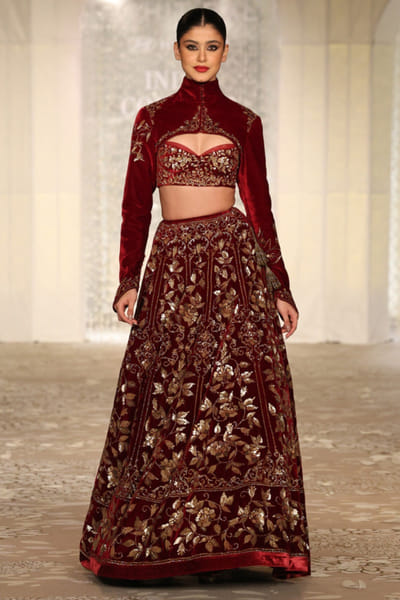 Wine floral embroidered velvet lehenga set