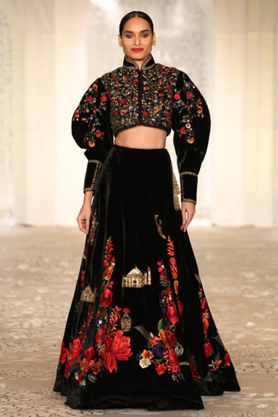 Black floral embroidered velvet lehenga set