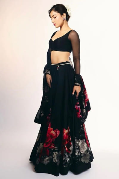 Black floral printed lehenga set