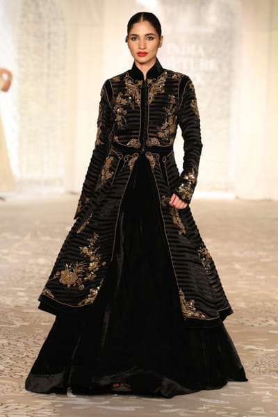 Black applique embroidered long jacket