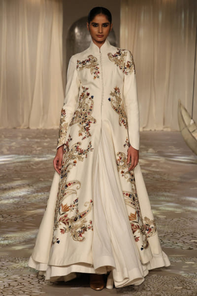 Ivory embroidered matka silk long jacket