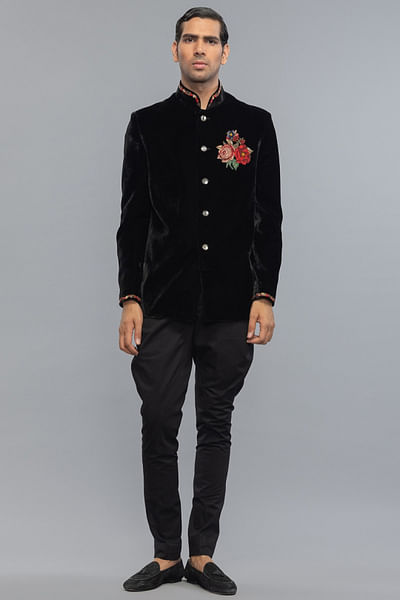 Black floral embroidered velvet bandhgala