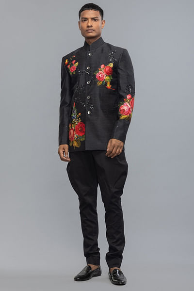 Black floral print embroidered bandhgala
