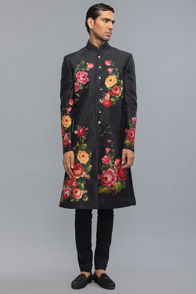 Black floral print embroidered sherwani