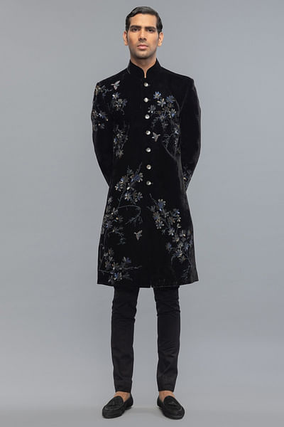 Black embroidered velvet sherwani