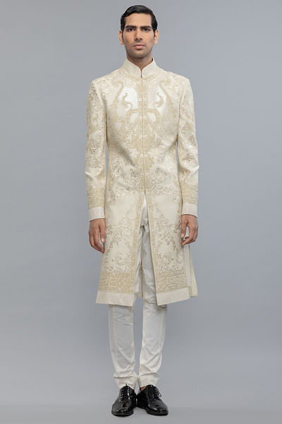 Ivory hand embroidery matka silk sherwani