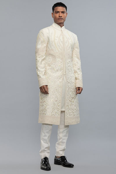 Ivory hand embroidered matka silk sherwani