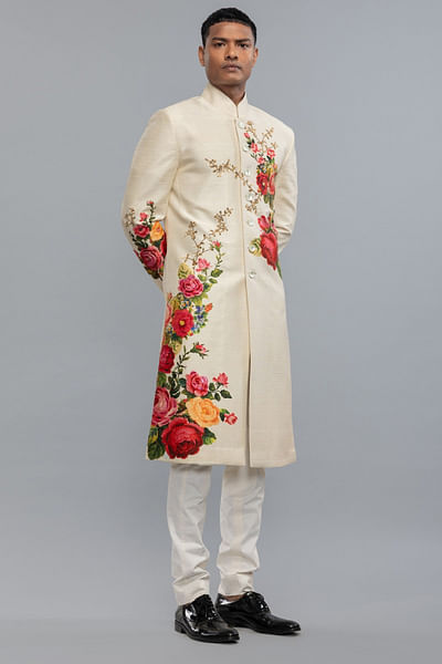 Ivory floral print embroidered sherwani