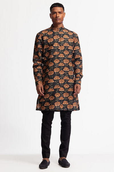 Black floral printed short kurta set