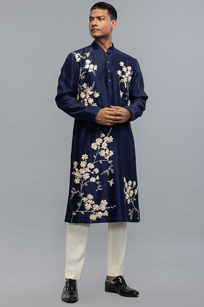Indigo floral resham hand embroidery kurta set