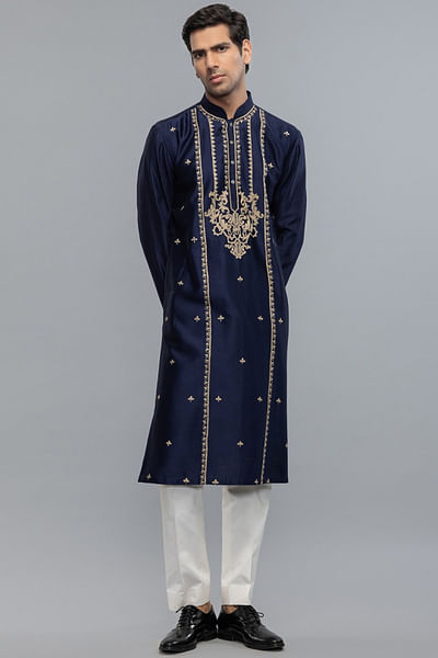 Indigo resham hand embroidered kurta set