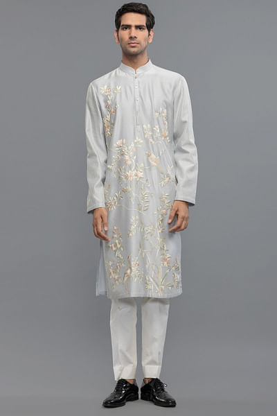 Powder blue resham hand embroidered kurta set