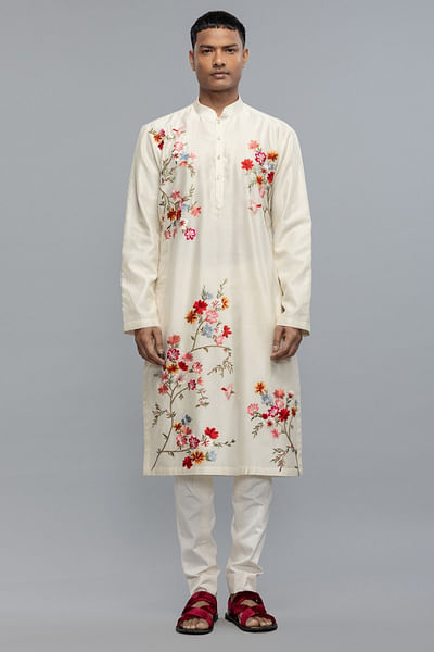 Ivory floral resham hand embroidery kurta set