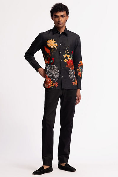 Black floral and bird print embroidery shirt