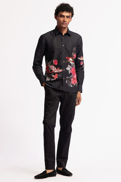 Black bird and floral print embroidery shirt