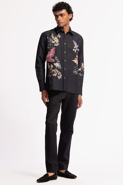 Black bird and floral print embroidered shirt