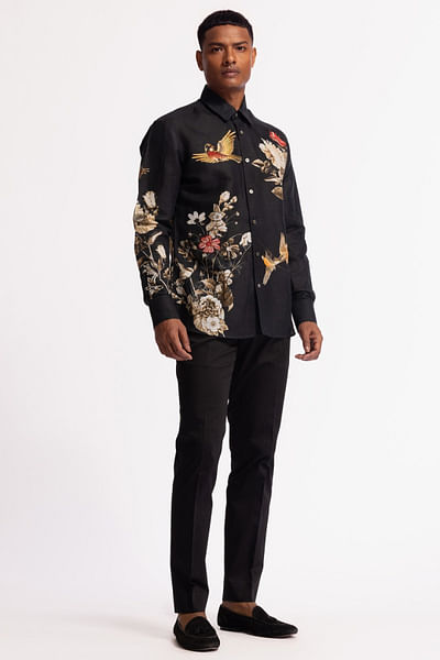 Black floral and bird print embroidered shirt
