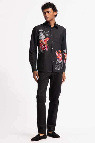 Black floral-bird print embroidered shirt