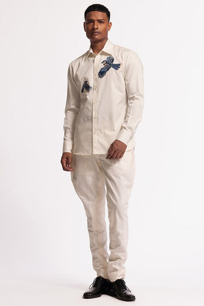 Ivory bird motif embroidered shirt