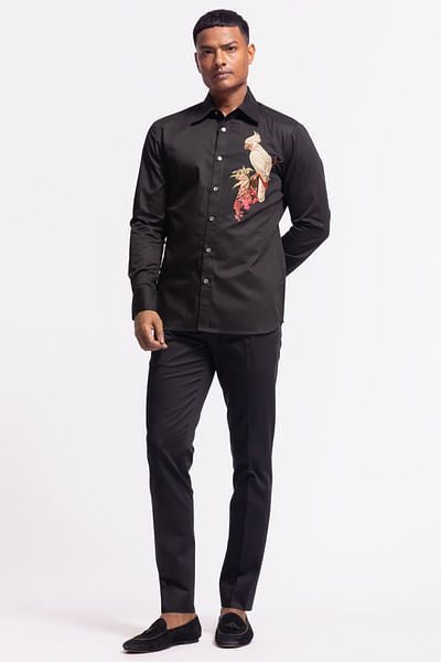 Black bird motif embroidered shirt