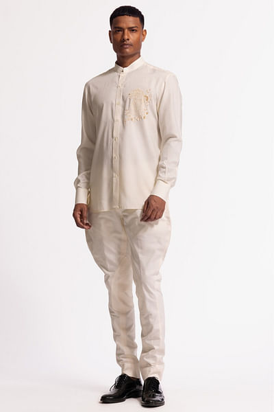 Ivory tiger motif embroidered shirt