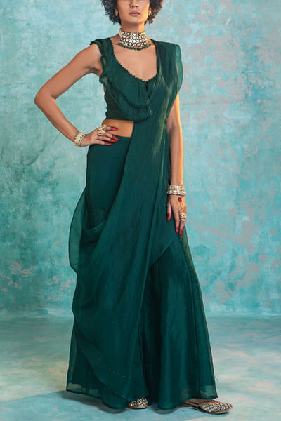 Teal green sharara sari set