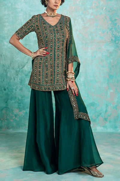 Teal green embroidered kurta set
