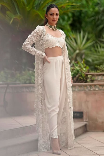 Ivory embroidered cape and pants set
