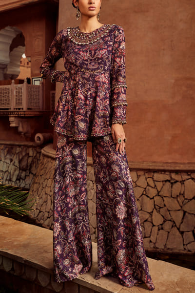 Purple printed peplum and sharara set