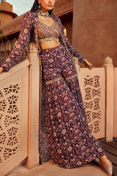 Purple printed jacket and sharara set