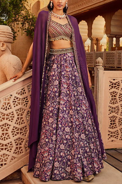 Purple printed sharara and cape set