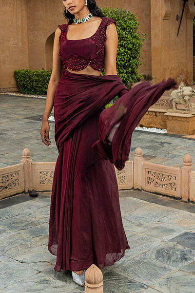 Plum pre-draped sari set