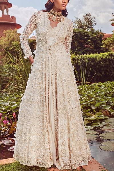 Ivory embellished jacket and anarkali set