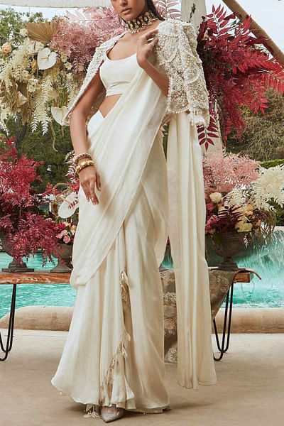Ivory pre-draped sari set