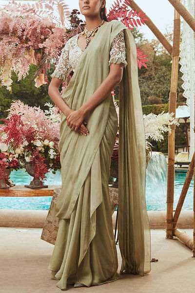 Sage green pre-draped sari set